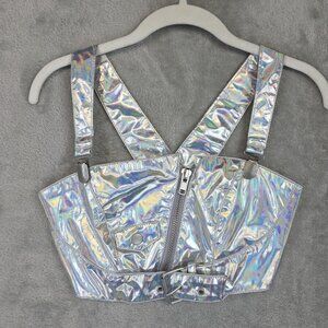 Lip Service Tank Top Womens XS Silver Holographic Belted Zip Crop Cult Harness